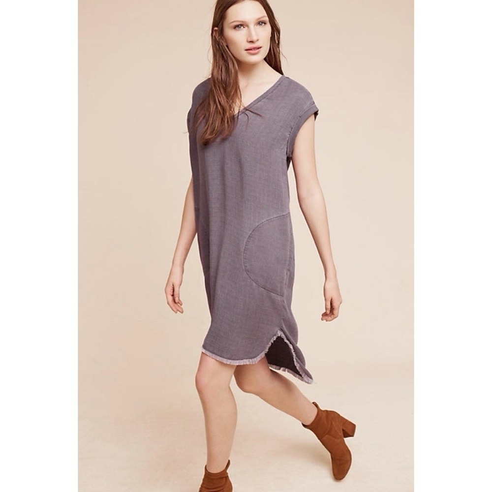 Anthropologie Cloth & Stone Grey Frayed Hem Tunic Dress Small Tencel Shift Vneck